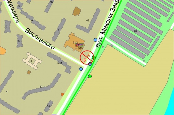 Схема рекламной плоскости по адресу Закревського Миколи, 61 / Володимира Висоцького бульвар (супермаркет "Сільпо")
