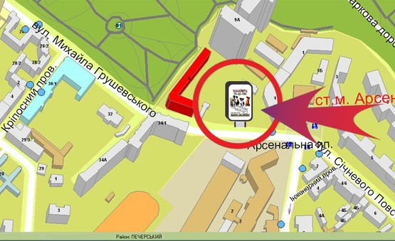 Схема рекламной плоскости по адресу Вул. Грушевського, 9 (біля Зупинки)