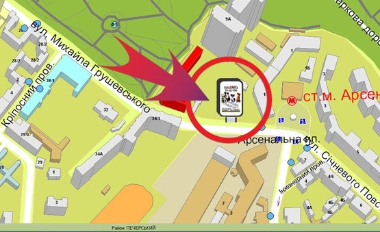 Схема рекламной плоскости по адресу Вул. Грушевського, 9 (біля Зупинки)