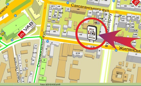 Схема рекламної площини за адресою Вул. Жилянська, 142 (магазин "Вейдер")