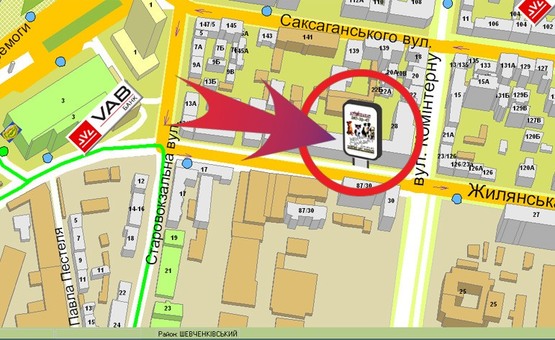 Схема рекламной плоскости по адресу Вул. Жилянська, 142 (магазин "Вейдер")