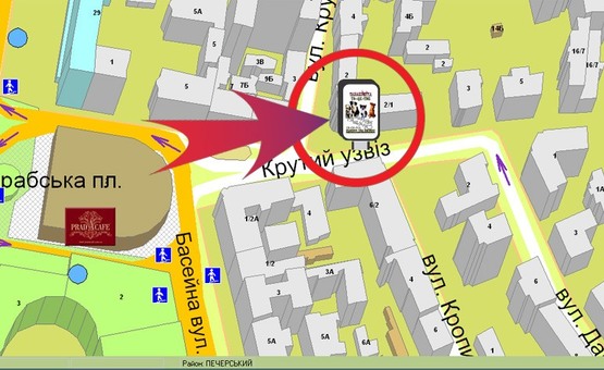 Схема рекламной плоскости по адресу Крутий Узвіз, 1/2 На Розі Бесарабська Площа