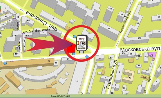 Схема рекламної площини за адресою Вул. Московська / К-тр "Зоряний" ("Егоіст")