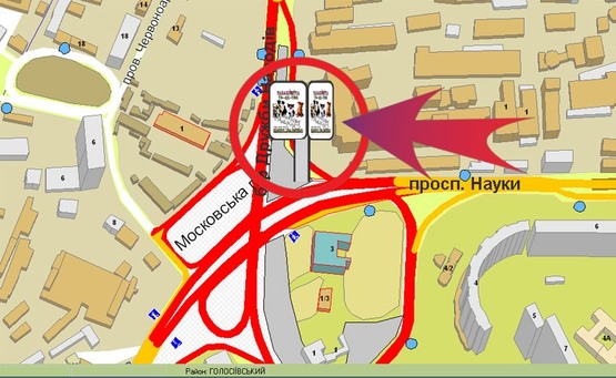 Схема рекламной плоскости по адресу Пл.Московська / Б-р Дружби Народів (тріедр)