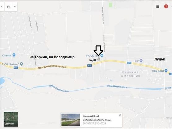 Схема рекламной плоскости по адресу вул.Володимирська (район села Великий Омеляник (при виїзді з міста Луцьк,  траса Луцьк-Володимир-Волинський), макаронна фабрика