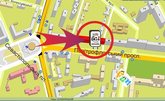 Схема рекламной плоскости по адресу Пр-т Повітрофлотський, 42 ("ПриватБанк")