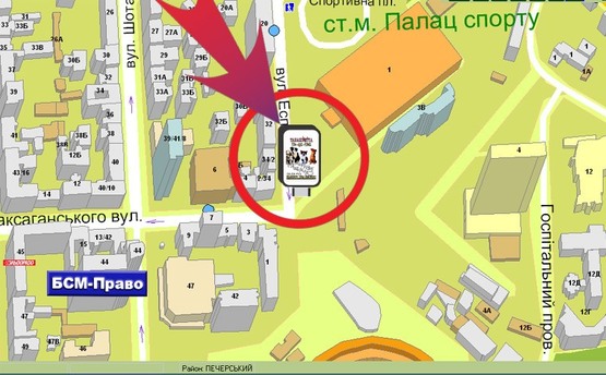 Схема рекламної площини за адресою Пл. Спортивна / Палац Спорту  ("Алазані")