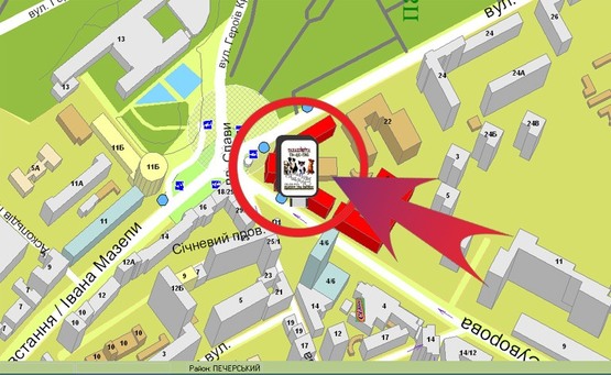 Схема рекламної площини за адресою Вул. Суворова, 1 / Пл. Слави