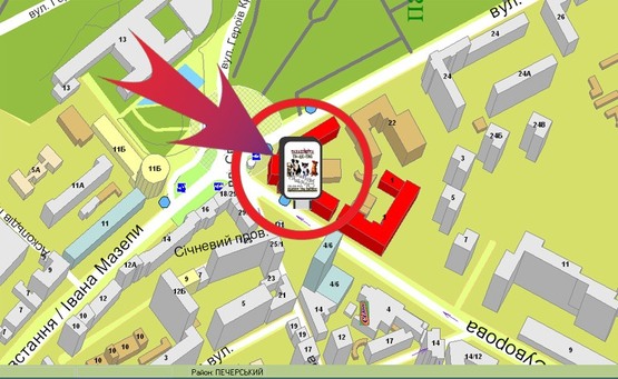 Схема рекламной плоскости по адресу Вул. Суворова, 1 / Пл. Слави