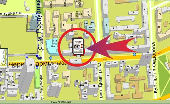 Схема рекламної площини за адресою Вул. Червоноармійська, 63 ("Тралі-Валі")