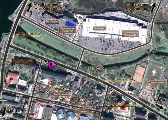 Схема рекламної площини за адресою вул.Прибузька - вул.Кам'янецька. неподалік: ТРЦ "Оазис", "Епіцентр", магазин "БУМ" (центр)