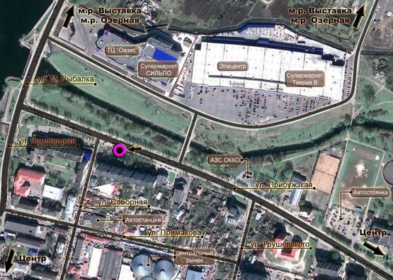 Схема рекламної площини за адресою вул.Прибузька - вул.Кам'янецька. неподалік: ТРЦ "Оазис", "Епіцентр", магазин "БУМ" (центр)