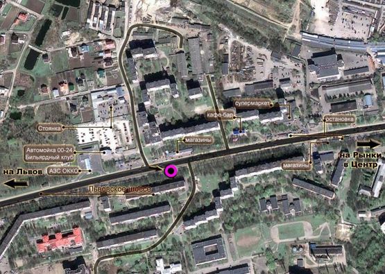 Схема рекламної площини за адресою Львівське шосе (будинок № 47). неподалік: міні ринок, багатоповерхова забудова (в центр, на ринки)