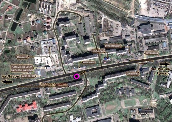 Схема рекламной плоскости по адресу Львівське шосе (будинок № 47). неподалік: міні ринок, багатоповерхова забудова (від центру)