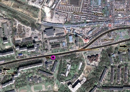 Схема рекламної площини за адресою Львівське шосе (районна лікарня). неподалік: міні ринок, багатоповерхова забудова, JСauto, супермаркет (в центр, на ринки)