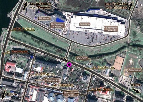 Схема рекламной плоскости по адресу вул.Прибузька біля нового мосту на "Эпицентр". неподалік: "Епіцентр", супермаркет "Таврія В", "Сільпо", ТРЦ "Оазис", центральний ринок, елітна забудова "Набережний квартал", "Атлант" (центр)