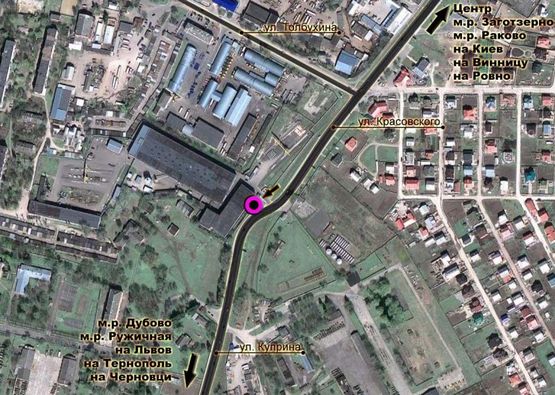 Схема рекламной плоскости по адресу вул.Купріна, біля АЗС "ОККО". неподалік: продовольчий оптовий ринок "ДУБОВО", АЗС "УкрНафта", АЗК "ОККО", АЗС "Шелл", ресторани, спорткомплекси (від центру)