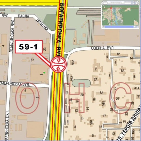 Схема рекламної площини за адресою Богатырская ул., напротив № 9 (на разделителе из Киева), клуб "Docker Pub", Транс-Оболонь), направ. ул Днепроводской