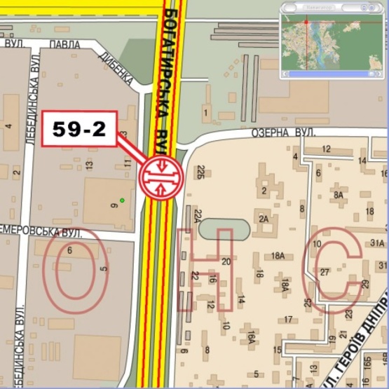 Схема рекламной плоскости по адресу Богатырская ул., напротив дома № 9 (на разделителе в Киев), клуб "Docker Pub", Транс-Оболонь), направ. ул. Полярной