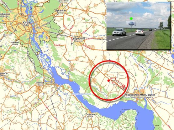 Схема рекламной плоскости по адресу А/д Киев-Черкассы 09, км 27+250 м, справа / в Киев, 15 км от Пер.-Хмельницкого / а-д Н-08 Киев-Днепропетровск-Запорожье