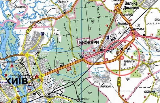Схема рекламной плоскости по адресу Бровары - окружная, а/д Киев-Чернигов 03, км 26+020 м, справа - в Киев, логистический центр, большая трансп. развязка Бровары-Борисполь (на Полтаву, Харьков)