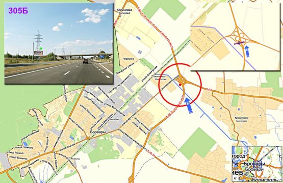 Схема рекламной плоскости по адресу Бровары - окружная, а/д Киев-Чернигов 05, км 31+900 м, слева - развязка на Прилуки, въезд в с.Калиновка; из Киева (12 км)