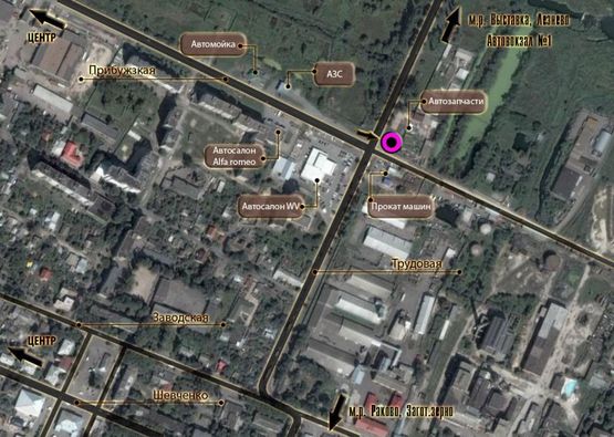 Схема рекламної площини за адресою Т-подібне перехрестя вул.Прибузька - вул.Трудова (СТО), неподалік: АЗК, автосалон+СТО "Skoda, VW, Honda, Fiat", СТО, ресторан "Sobkoff" (від центру) "A"