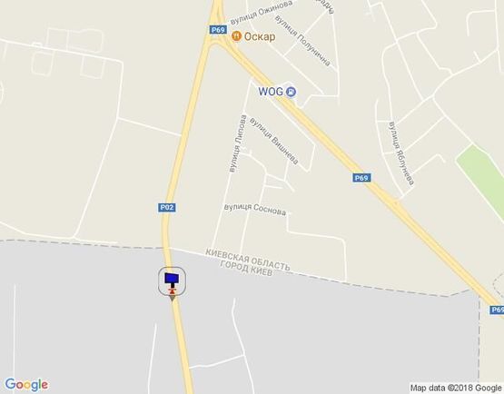 Схема рекламной плоскости по адресу Траса "Київ-Іванків-Овруч", Р-02 км 18+ 700 ліво, м. Київ, пос. Микільський, 600 м. до завода SANDORA, 1 км до КПП, на c. Нові Петрівці