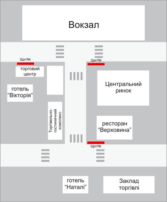Схема рекламної площини за адресою пл. Привокзальна (перед турбазою "Плай")