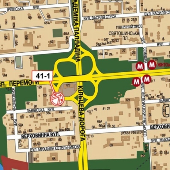 Схема рекламної площини за адресою Победы просп., 125, (500м. к ст. м.  Житомирская, Киевский Международный Ун-т,), в направ. Кольцевой дороги