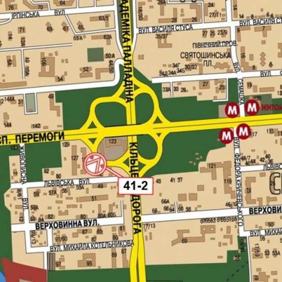 Схема рекламной плоскости по адресу Победы просп., 125, (500м. к ст. м.  Житомирская, Киевский Международный Ун-т), в направ. просп. Победы