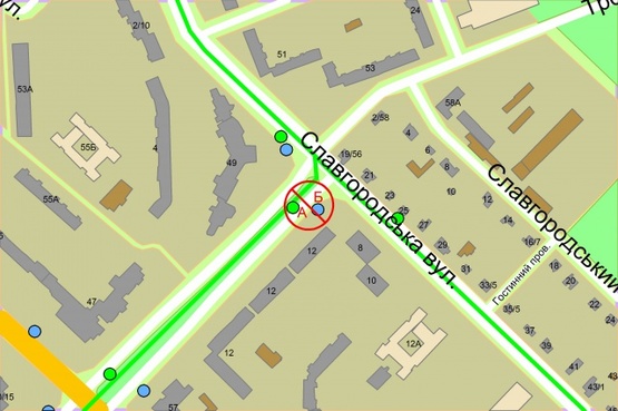 Схема рекламной плоскости по адресу Тростянецька, 12 / Славгородська  (світлофор)