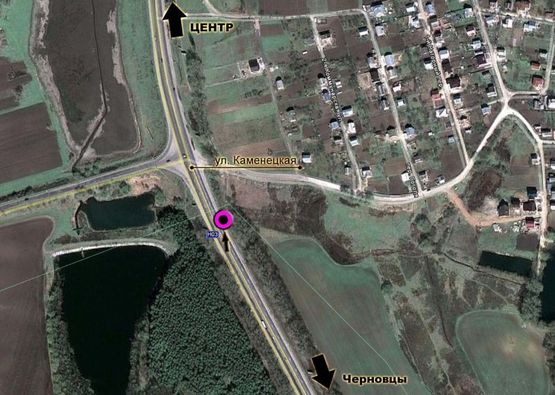 Схема рекламной плоскости по адресу вул.Кам'янецька (озеро). неподалік: приватна забудова, новий масив "Росошанський" (в'їзд в місто, в центр)