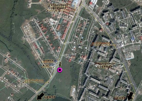 Схема рекламной плоскости по адресу вул.М.Рибалка (АЗК). неподалік: АЗК "Укрнафта", цілодобова мийка, навколо елітна забудова м.р. "Отрадне", "Дивокрай", "Дихтярка" (в центр)