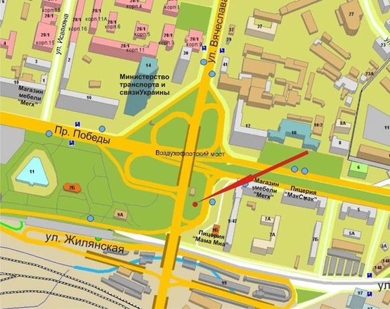 Схема рекламної площини за адресою пр.Победы,9/47-Воздухофл.пр.(Воздухофлотский мост) – из центра