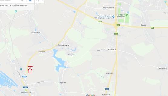 Схема рекламної площини за адресою Т-14-16 Львів-Пустомити-Меденичі, в межах м. Пустомити перед вїздом у с. Наварія рух в сторону м. Львів