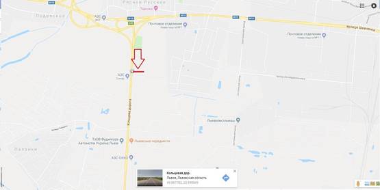 Схема рекламної площини за адресою М-10 Західний обхід м. Львова, в сторону с. Рудно та м. Львів до Fujikra (навпроти АЗС SOCAR)