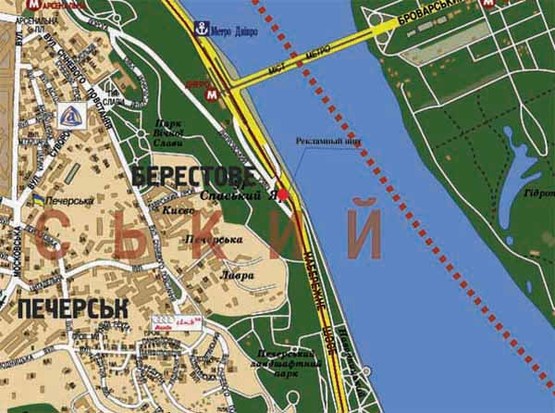 Схема рекламной плоскости по адресу Набережное шоссе между мостом Метро и мост Патона  (призма А1)