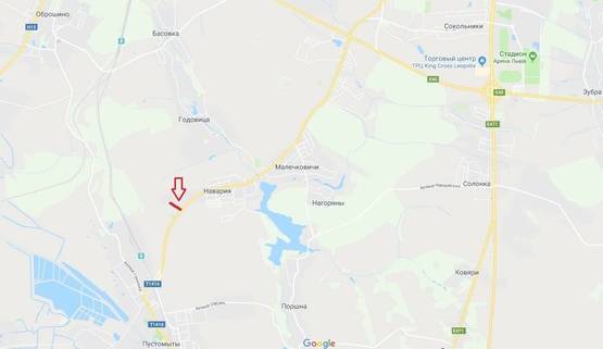 Схема рекламної площини за адресою Т-14-16 Львів-Пустомити-Меденичі, рух з м. Львів в сторону м. Пустомити виїзд із с. Наварія