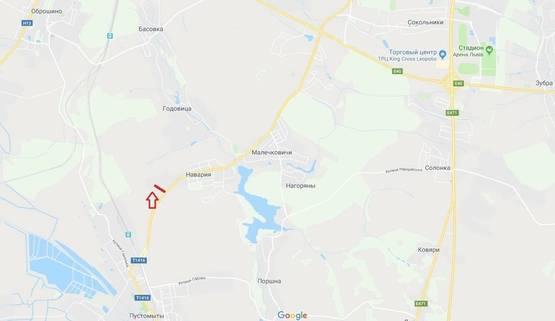 Схема рекламної площини за адресою Т-14-16 Львів-Пустомити-Меденичі, рух в сторону м. Львів, виїзд з м. Пустомити перед вїздом у с. Наварія