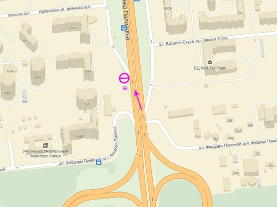 Схема рекламной плоскости по адресу Палладина, крупная транспортная развязка, на территории автостоянки, в направлении м. Академгородок ТЦ "Novus"