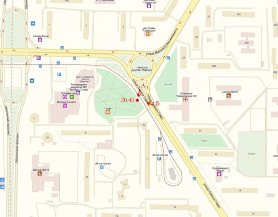 Схема рекламной плоскости по адресу Лайоша Гавро 17-А м. Оболонь пл. Дружбы народов, ТРЦ "Дивосвит" Поликлиника №1 Оболонского района