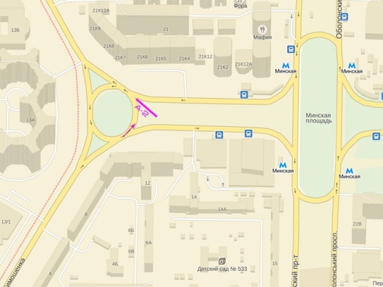 Схема рекламной плоскости по адресу Маршала Тимошенко ул., 21к6, м. Минская, университет Бориса Гринченко, Еко-Маркет, Огромное количество Банков и магазинов