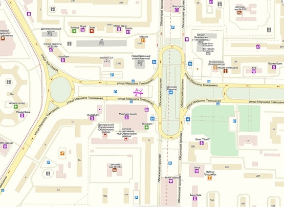 Схема рекламной плоскости по адресу Маршала Тимошенко ул., 21к1, выход из м. Минская, огромное количество магазинов, офисов банков