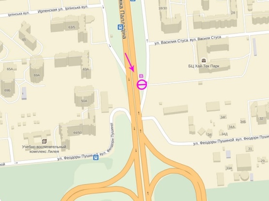 Схема рекламної площини за адресою Палладина 18/30 Крупная транспортная развязка, большое количество банков, офисов, магазинов. БЦ "Хай-Тек парк"