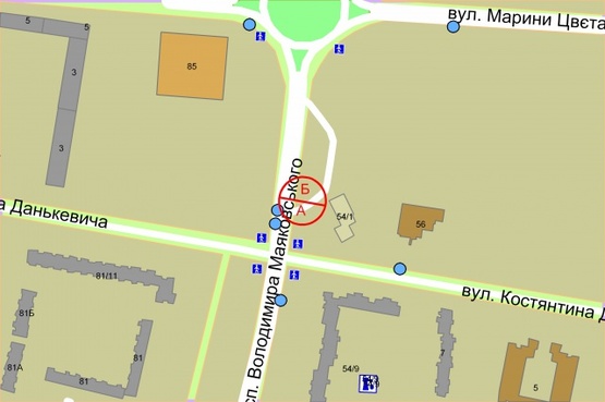 Схема рекламної площини за адресою Володимира Маяковського проспект, 54 (150 метрів від вул. Марини Цвєтаєвої, ліворуч)