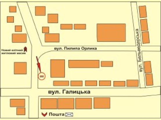Схема рекламной плоскости по адресу вул.Пилипа Орлика №1    СМ "Фуршет"