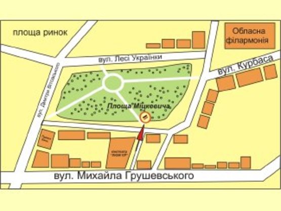 Схема рекламної площини за адресою площа Міцкевича (біля кінотеатру Люмєр) правий