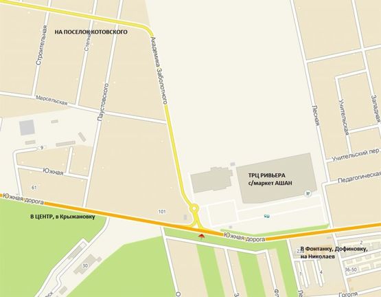 Схема рекламної площини за адресою Старониколаевская (Южная) дорога -  Ак. Заболотного ул. напротив выезда из ТРЦ Ривьера. Конструкция под баннер