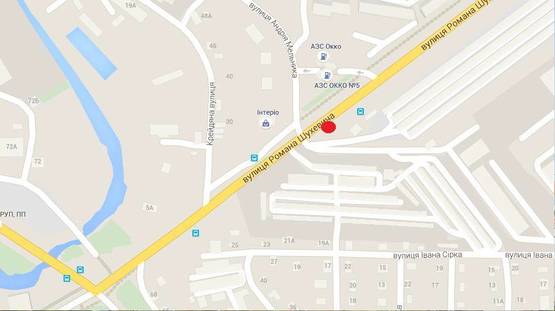 Схема рекламной плоскости по адресу м. Рівне вул. Шухевича 12, навпроти автозаправки “OKKO” та перехресті вулиць Шехевича/Андрія Мельника, неподалік офісний центр